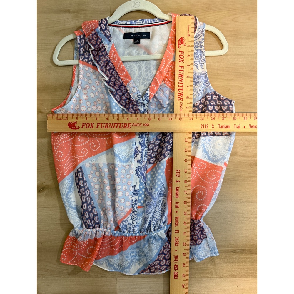 Tommy Hilfiger Sleeveless Blouse Multicolor S Women Ruffle V-Neck Patchwork - Picture 5 of 11